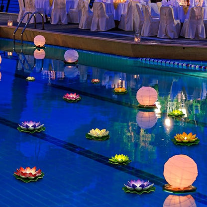 Waterproof Floating Lotus Light, 12PCS 5’’+ 6’’ Floating Lily Light Water Activated Artificial Flowers Battery Operated for Wedding Pool Anniversary Garden Decor(Mix-Color)