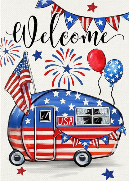 Welcome 4th of July Camping Patriotic Decorative Garden Flag, America USA Stars Stripes Camper RV Yard Outside Decorations, American Campsite Outdoor Small Home Decor Double Sided 12 x 18