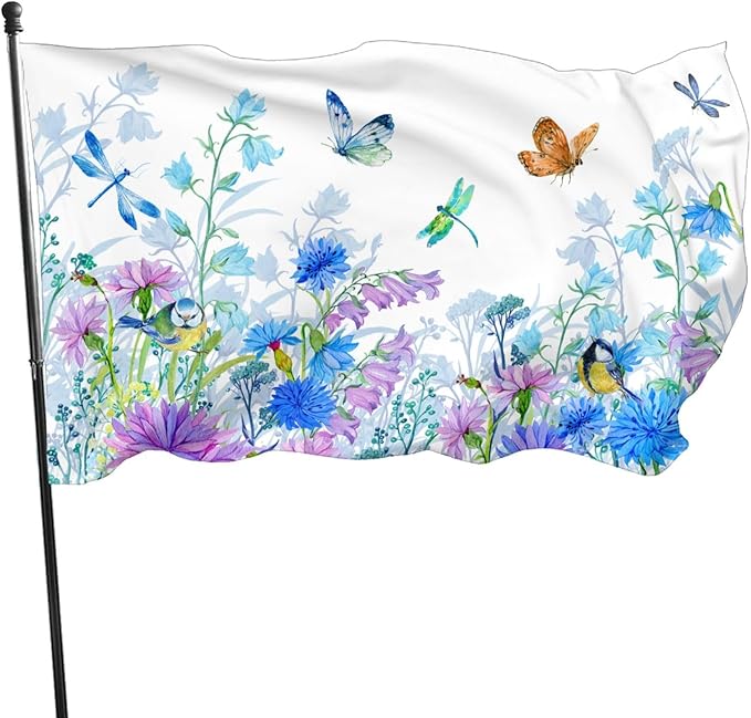 Blue Flower Butterfly Dragonfly Bird Flag 3x5 Ft Outdoor Indoor With Grommet Spring Summer Garden Yard Banner Decorative Sign
