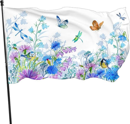 Blue Flower Butterfly Dragonfly Bird Flag 3x5 Ft Outdoor Indoor With Grommet Spring Summer Garden Yard Banner Decorative Sign