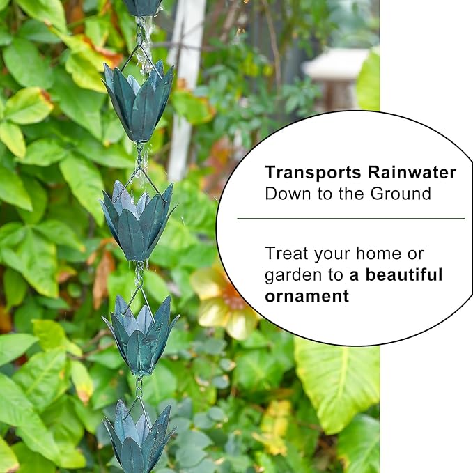 Rain Chains - 8.5 FT Rain Chains for Gutters Downspouts - Outside Leafy Flowers Cups Rain Chain - Antique Blue