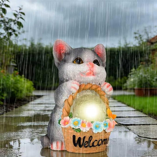 Solar Garden Welcome Statue with LED Light, Outdoor Decorative Animal Figurines, 8-10 Hour Working Time, Floral Basket Design, Lawn Yard Decor (Cat)