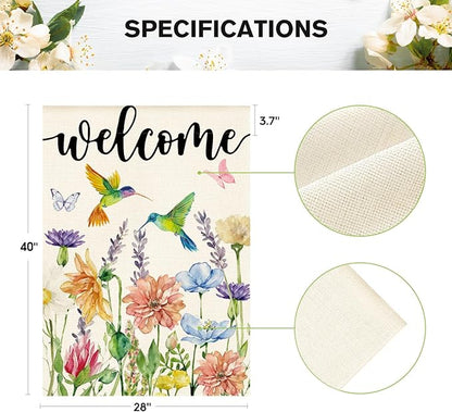 AVOIN colorlife Hummingbird Spring Flowers House Flag 28 x 40 Inch Double Sided, Seasonal Welcome Yard Outdoor Flag