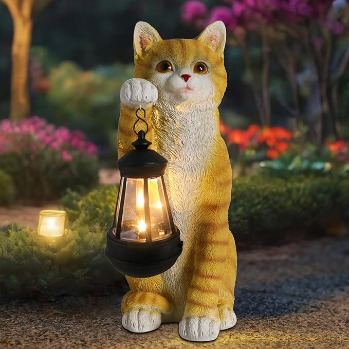 WONDER GARDEN Solar Cat Garden Statue - Outdoor Cat Statues, Cat Figurines with Solar Lantern Light for Patio, Yard, Lawn, Gardening Gifts for Women and Mom(11" Orange Cat)