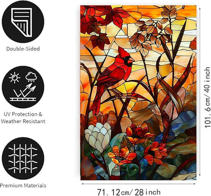 Stained Glass Cardinal Birds Garden Flag Spring Summer House Flag Fall Floral Decorative Yard Flags for Outside 28x40 Double Sided Large Seasonal Lawn Flags Rustic Outdoor Decor