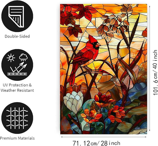 Stained Glass Cardinal Birds Garden Flag Spring Summer House Flag Fall Floral Decorative Yard Flags for Outside 28x40 Double Sided Large Seasonal Lawn Flags Rustic Outdoor Decor