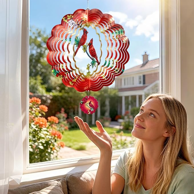 Cardinal Wind Spinner, IDEA SHOW 12Inch Metal 3D Kinetic Metal Wind Spinners, Cardinal Gift for Women, Mom, Garden & Yard Decor Outdoor/Indoor Decoration, Dynamic Art Hanging Sculpture (12In-Cardinal)