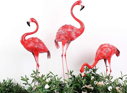 DreamsEden Large Flamingo Garden Statues Set of 3, Outdoor Metal Flamingo Sculptures Yard Art for Lawn Patio Decor, Pink Red Bird Ornaments (47.6 x 42.5 x 26.9 Inch)