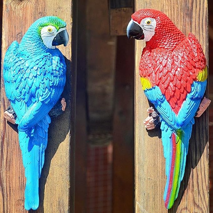 Hanging Parrot Decor,Bird Statues,Tropical Real Resin Bird Figurines,Home Ornament Decor for Tiki Bar,Perfect for Yard Ornaments,Tree Decorations Outdoor,Patio,Lawn,Tree Trunk, Porch,2 Bird a Set