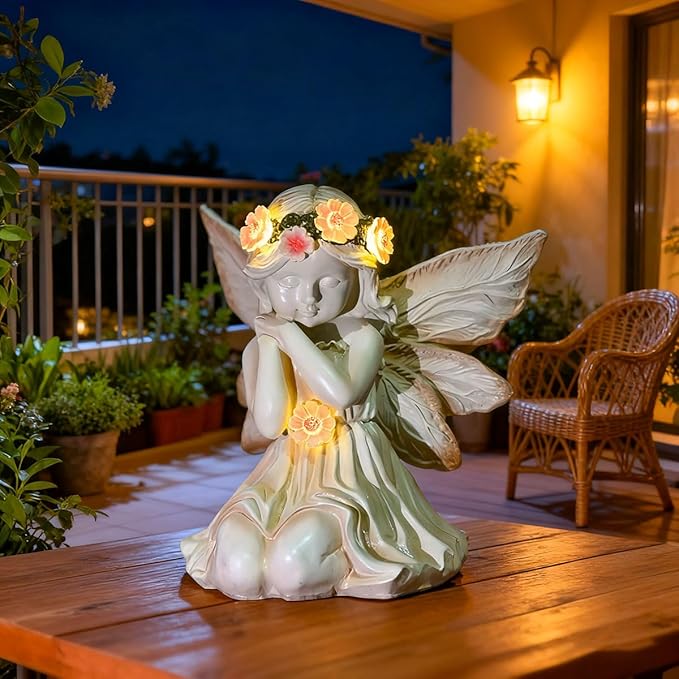 Solar Garden Outdoor Statues Lights, Resin Angel Figurine Light for Patio, Balcony, Yard, Lawn Ornament, Unique Housewarming Gifts and Yard Decor