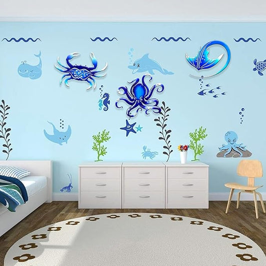Weibefee Metal Wall Art Decor Octopus Crab Manta Ray Coastal Nautical Ocean Mother's Day Decor Concise 9'' Set of 3 Hanging Mother's Day Decorations Gift for Bathroom Beach Indoor Outdoor Pool Home Bedroom Living Room Blue