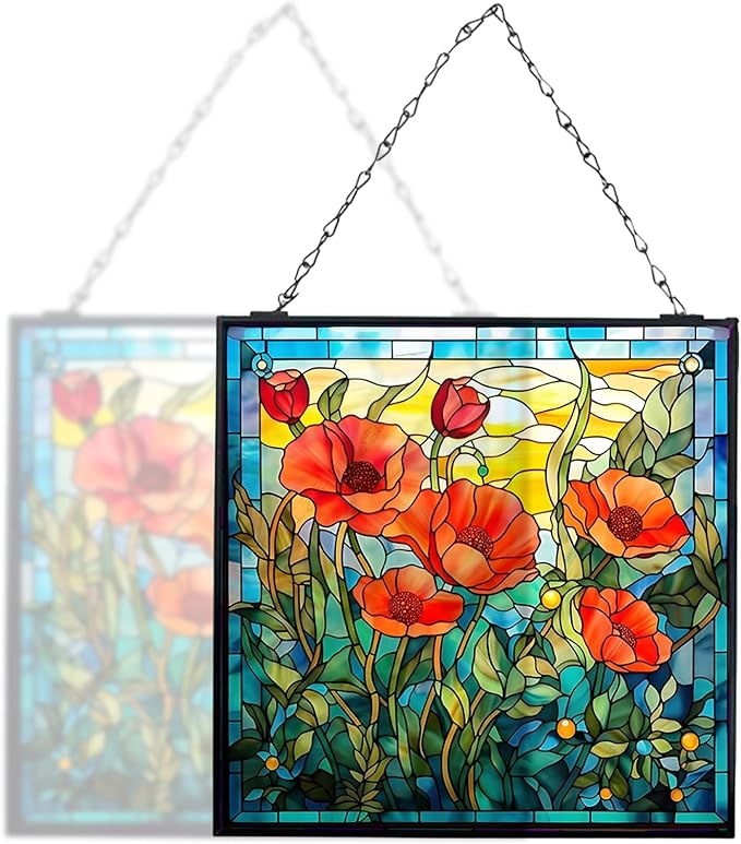 Poppy Hanging Stained Glass Suncatcher for Windows, 20cm/7.87inch Window Suncatcher Hanging Ornaments Wall Art,Hand-Painted Glass Panel Home Decor for Mom Grandma