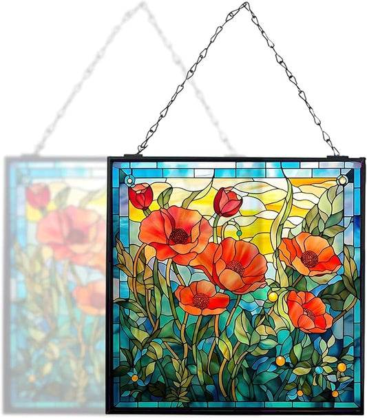 Poppy Hanging Stained Glass Suncatcher for Windows, 20cm/7.87inch Window Suncatcher Hanging Ornaments Wall Art,Hand-Painted Glass Panel Home Decor for Mom Grandma