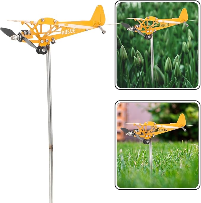 Metal Airplane Wind Spinner Outdoor Garden Decoration Yellow Small 28x18cm Iron Art Weather Vane Patio Yard Sculpture