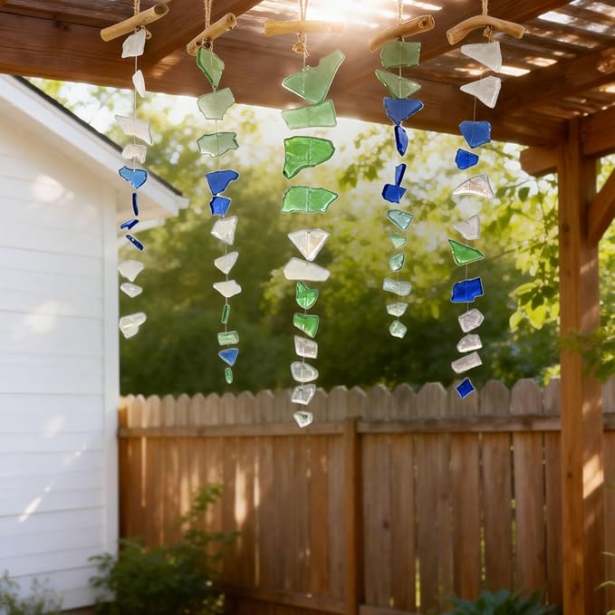 SNAIL GARDEN 5 Pieces Sea Glass Wind Chimes, Handmade Style Ocean Wind Chimes for Outside, Sea Glass Decor for Garden, Beach House Decor, Indoor Home Patio Hanging Ornament