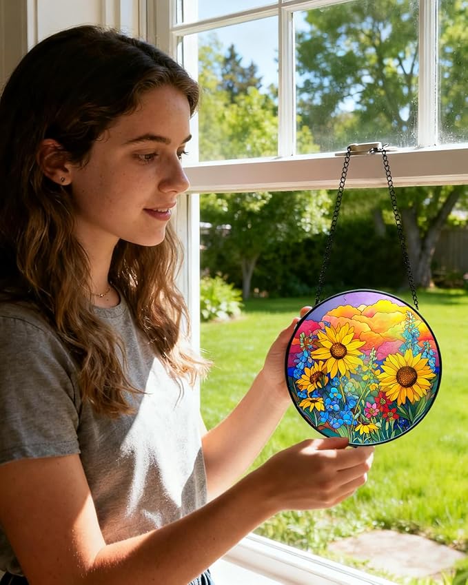 Stained Glass Window Hanging, Sunflower Sun Catchers Glass Panel, Suncatcher Window Decor 8", Birthday for Women Men Mom and Friend Colleague