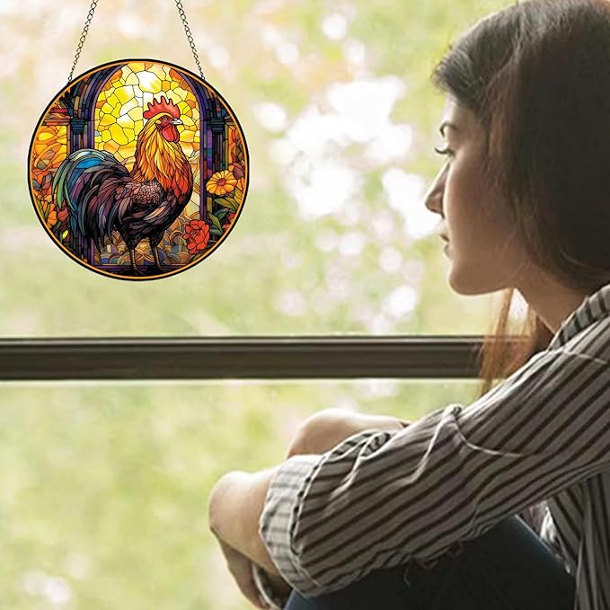 Rooster Acrylic Window Hanging, Colourful Cockerel Farm Animal Stained Acrylic Window Decor Hanging Ornaments Indoor Outdoor Garden Stained Art Panel Gift for Women Christmas Thanksgiving