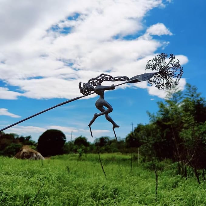 Fcteap Flower Fairy Dancing with Dandelion Garden Art Sculpture Stainless Steel Statue Christmas Halloween Decoration for Outdoor Yard Courtyard Lawn Patio Metal Ornaments (Wave)