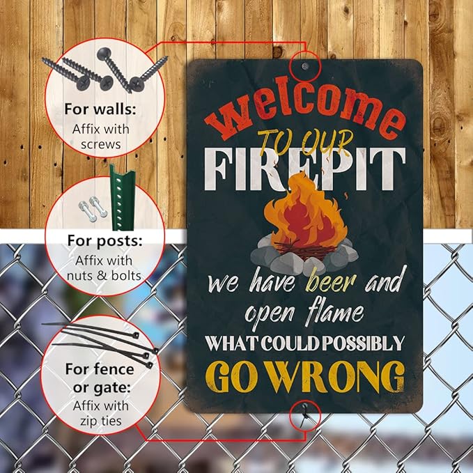 Yniaun Decor Funny Patio Decor Vintage Camping Metal Tin Signs for Camper Decoration Gifts 12 X 8 Inches Indoor Outdoor & Firepit Accessories Welcome to Our Fire Pit - What Could Possibly Go Wrong