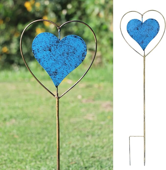 Metal Garden Decor for Outside，Rotating Heart-Shaped Garden Stake, Cemetery Decorations for Grave,Perfect for Planter Decorations, Outdoor Lawn Gardens, Also The Best Choice for Gifts - Blue