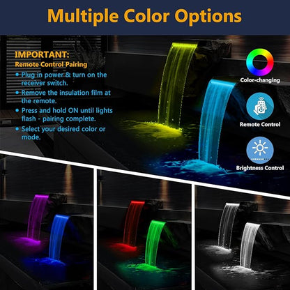 AquaMiracle Pond Waterfall Kit with LED Lights, All-in-1 Stainless Steel Spillway with 800GPH Water Pump, Outdoor Waterfall Fountain for Garden, Backyard & Pool Decor (18inch)
