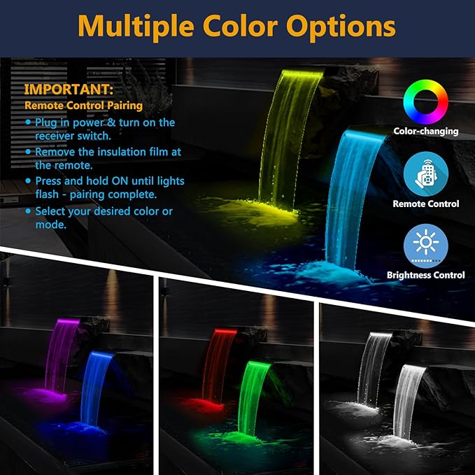 AquaMiracle Pond Waterfall Kit with LED Lights, All-in-1 Stainless Steel Spillway with 660GPH Water Pump, Outdoor Waterfall Fountain for Garden, Backyard & Pool Decor (8inch)