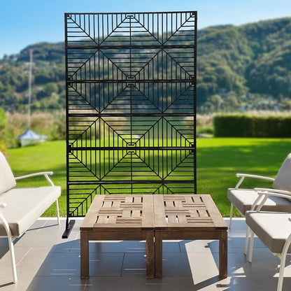 Metal Privacy Screen, 72" H x 44" W Freestanding Privacy Screens, Patio Decorative Metal Fence Panels with Stand, Portable Divider Screens, for Backyard/Patio/Deck (Black-Stripe, 72''H×44''W)