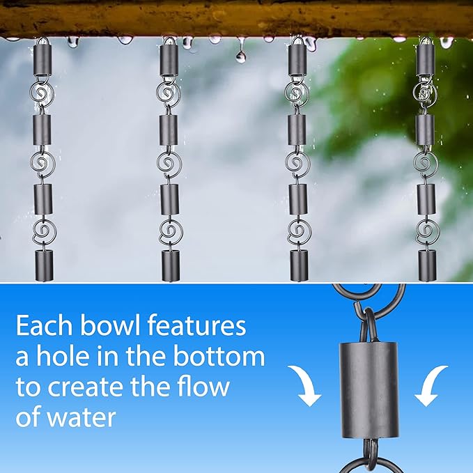 RainChains Pacific Spiral Rain Chain 8.5ft Black Aluminum Premium Rain Chains for Gutters Decorative Chain.