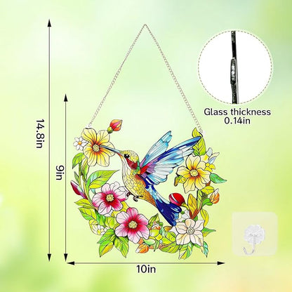 Stained Glass Window Hanging Hummingbird and Flower Suncatcher, Marzovitra 10 Inch Colorful Window Art Bird Sun Catcher for Home Decor, Garden, Patio Gift for Nature and Bird Lovers (Blue Hummingbird)
