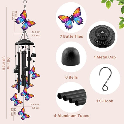 Butterfly Wind Chimes for Outside, Black Metal Windchimes Outdoors, Butterflies Gifts for Women/Men, Garden/Yard Decor, Memorial/Birthday Gifts for Grandma/Mom, Durable Chimes for Outdoors