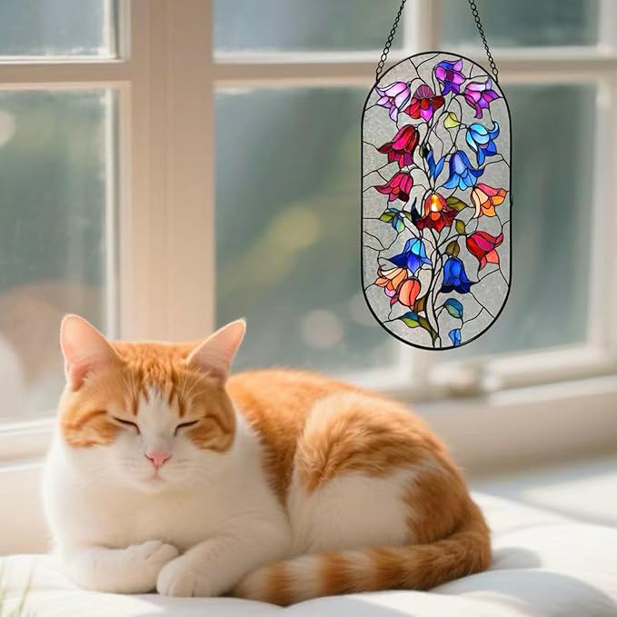 Stained Glass Window Hanging, Colorful Morning Glories Long Sun Catcher for Wall Door Vertical Decor, Garden Yard Linear Hanging Gifts for Women, Men, Mom, Day Birthday, Party Holiday