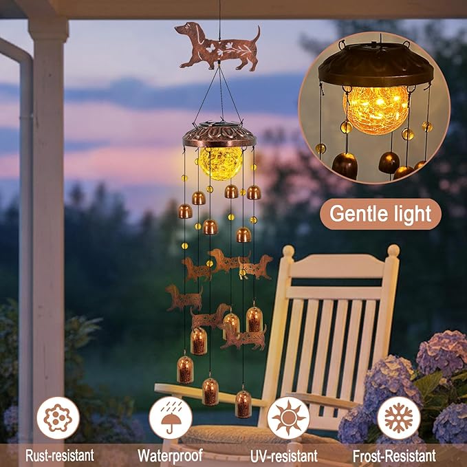 Dachshund Solar Wind Chimes for Outside,Metal Dog WindChimes with Cracked Glass Lights,Hanging Solar Lights Outdoor,Yard,Patio,Garden,Porch Decor