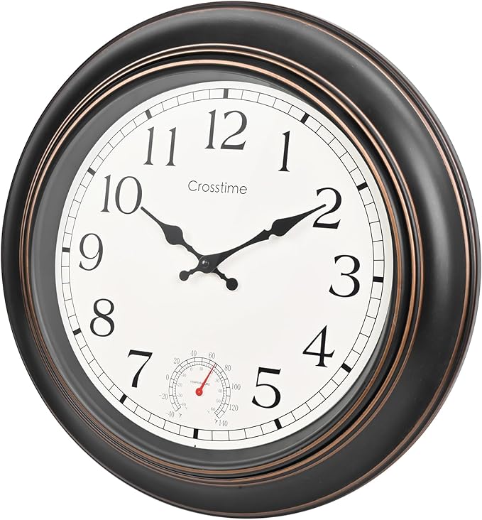 Crosstime Large Outdoor Clock Waterproof 18" - Retro Indoor Outdoor Wall Clocks with Thermometer for Patio Pool Garden Living Room Decor,Bronze