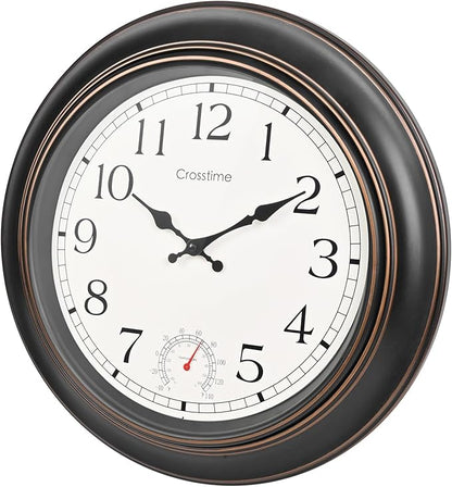 Crosstime Large Outdoor Clock Waterproof 18" - Retro Indoor Outdoor Wall Clocks with Thermometer for Patio Pool Garden Living Room Decor,Bronze