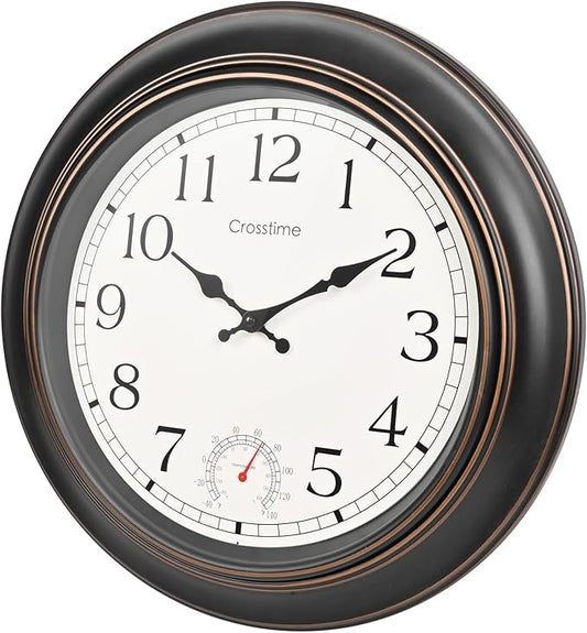 Crosstime Large Outdoor Clock Waterproof 18" - Retro Indoor Outdoor Wall Clocks with Thermometer for Patio Pool Garden Living Room Decor,Bronze