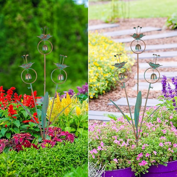 Calla Lily Garden Stake with Bells, Metal Flower Decorative Garden Stakes, 34" H Yard Art for Outdoor Lawn Patio Pathway Decor, Copper Green