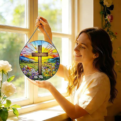 Stained Glass Window Hanging, 8 Inch Stained Glass Cross Wildflower Suncatcher, Sun Catchers Indoor Window, Floral Cross Religious Home Garden Decor Glass Panel, Easter Faith Christian Gifts for Women