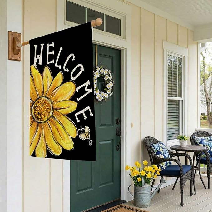 CROWNED BEAUTY Spring Summer House Flag Daisy Bee Double Sided 28x40 Inches Large Burlap Welcome Holiday Seasonal Yard Decoration for Outside Porch