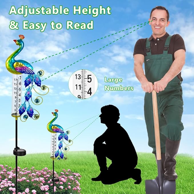 Peacock Rain Gauge Outdoor 36.6" Solar Powered Large Rain Gauges Freeze Proof Water Gauge with Metal Stakes Decorative for Garden,Lawns,Patio