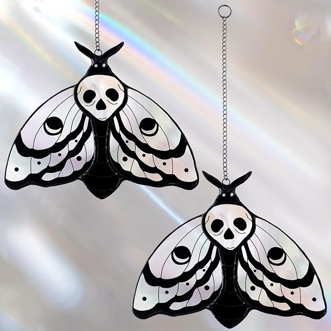 Yalikop 2 Pcs Death Moth Suncatcher Decoration Gothic Skull Stained Glass Window Hangings Decor Death Head Moth Butterfly Sun Catcher for Office Home Garden Windows Decor