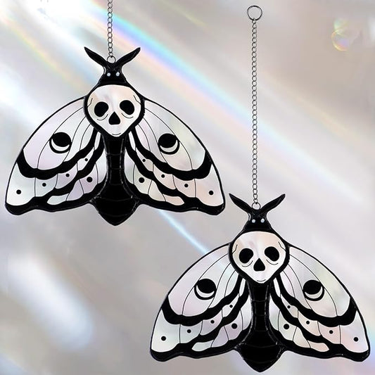 Yalikop 2 Pcs Death Moth Suncatcher Decoration Gothic Skull Stained Glass Window Hangings Decor Death Head Moth Butterfly Sun Catcher for Office Home Garden Windows Decor