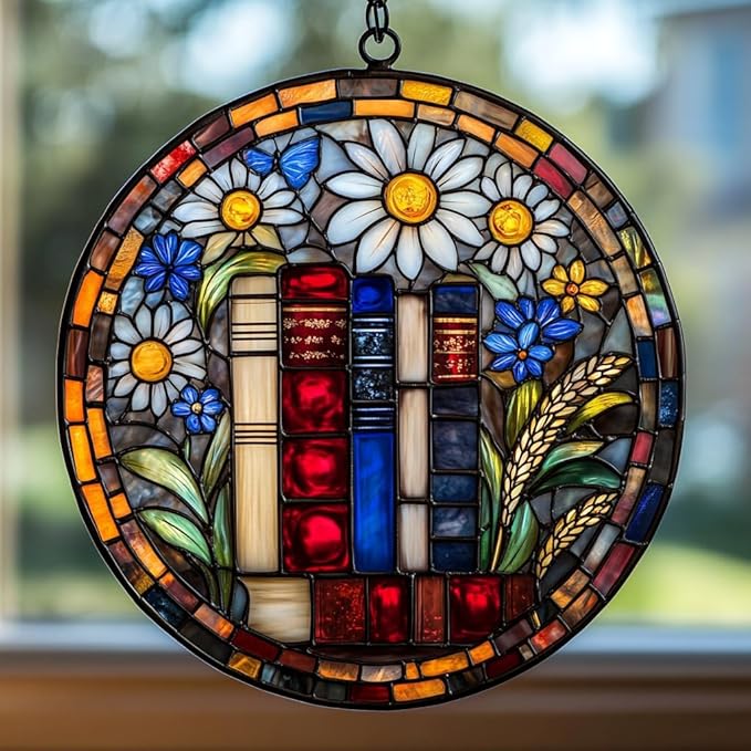 Floral Stack of Bookks Acrylic Suncatcher Stained Glass Effect Window Car Hanging Christmas Ornament Indoor Outdoor Decor Garden Sun Catcher Panel for Book Lover for Women Mom Grandma