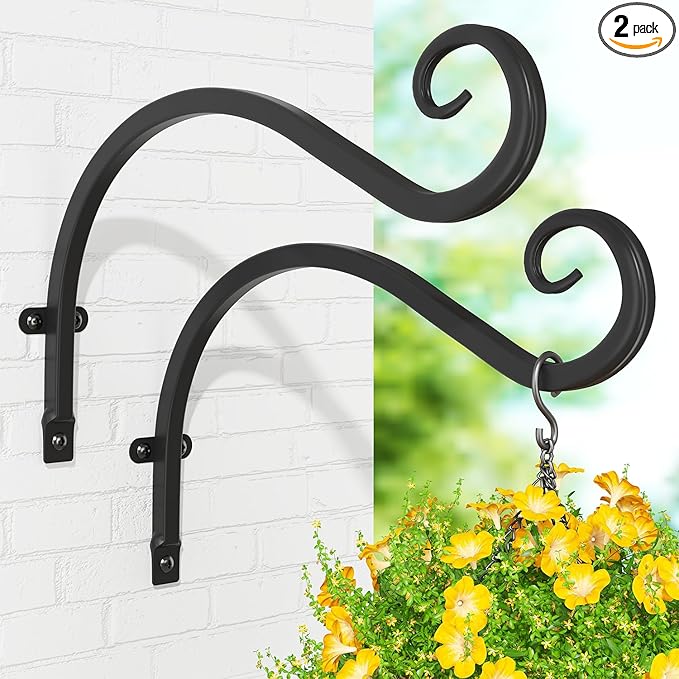 iDavosic.ly Plant Hangers Outdoor 2-Pack, 11.8 Inch Heavy Duty Iron Wall Brackets for Hanging Plants, Baskets, Bird Feeders, Lanterns, Wind Chimes, Indoor Metal Hooks for Garden Porch Patio, Black