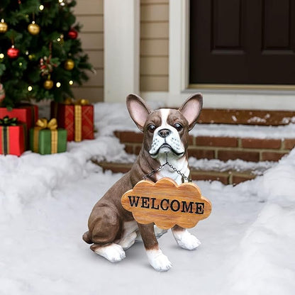 Boston Terrier Garden Statue with Solar Lantern & Double-Sided Sign, Large Resin Dog Animal Sculpture Outdoor Decor for Patio Lawn Yard and Porch, Welcome Gifts for Dog Lovers (16.9")