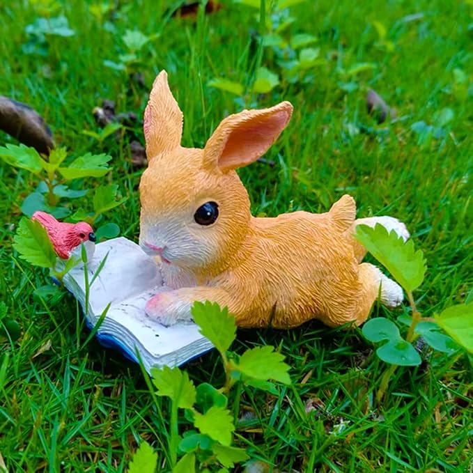 Cute Bunny Reading Book Statue Garden Decor, Resin Rabbit Figurine Sculpture Indoor Outdoor Easter Spring Decoration for Home Patio, Yard, Lawn, Porch Ornaments