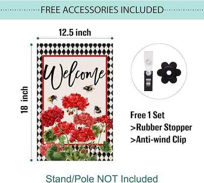 Baccessor Spring Summer Geranium Welcome Garden Flag Double Sided Summer Bee Red Floral Buffalo Plaid Small Burlap Yard Flag House Seasonal Farmhouse Outside Outdoor Decoration 12.5 x 18 Inch
