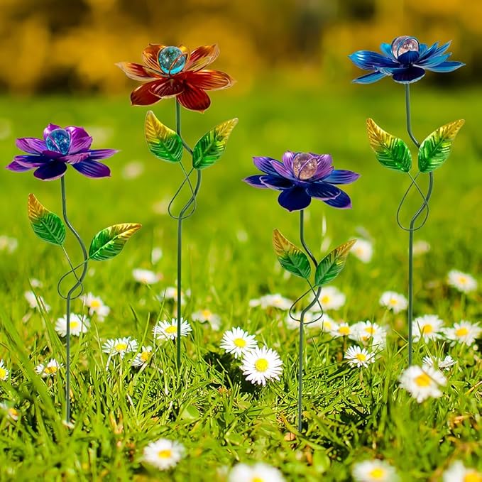 Viveta 4 Pack Flower Decorative Garden Stakes, Metal Flowers Outdoor Decor Metal Flower Sticks for Patio, Lawn, Yard Decorations