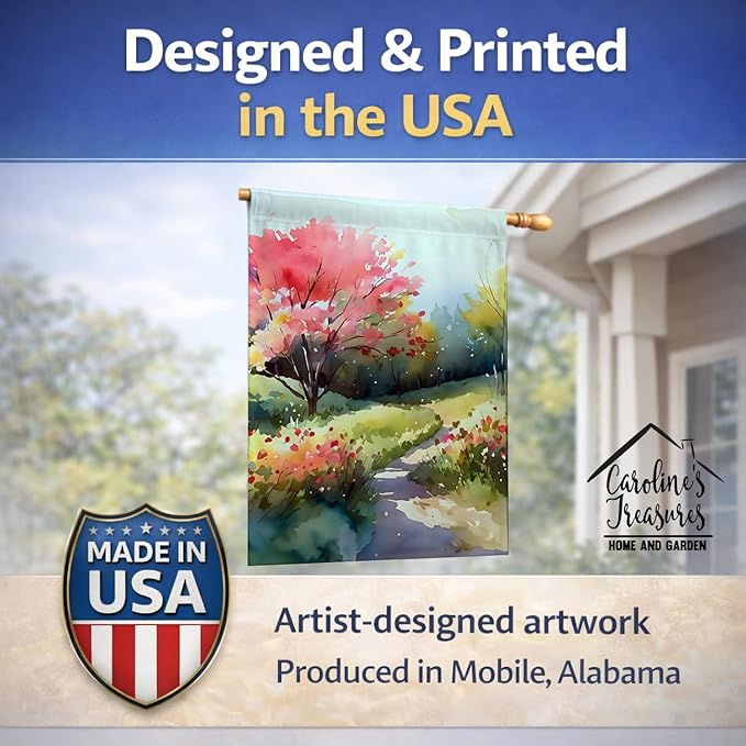Caroline's Treasures North Carolina Dogwoods in Watercolor House Flag Large Porch Sleeve Pole Decorative Outside Yard Banner Artwork Wall Hanging, Polyester, House Size, Multicolor