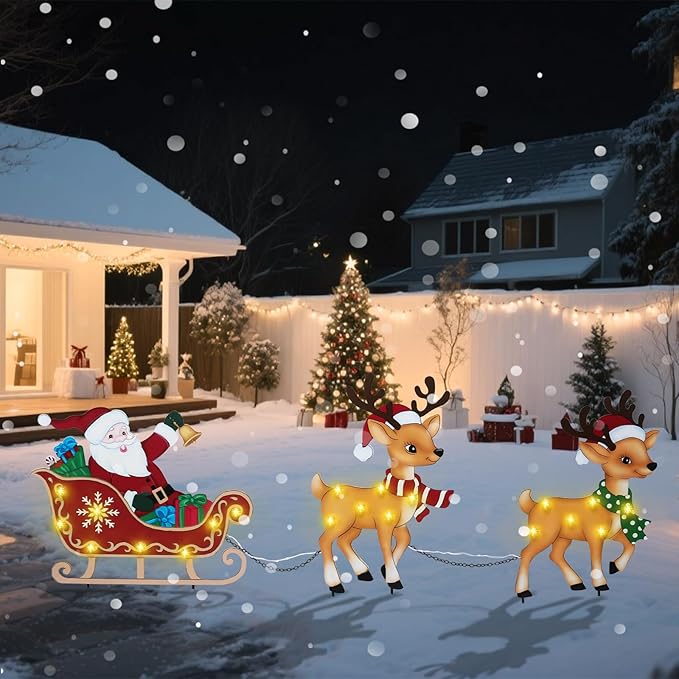 WONDER GARDEN Christmas Metal Yard Stakes, Lighted 3 Pack Christmas Garden Stakes Yard Signs, Outdoor Decorations with Santa Sleigh and Reindeer for Lawn Party Outside