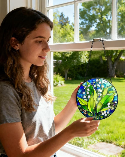 Stained Glass Window Hanging, Lily of The Valley Sun Catchers Glass Panel, Suncatcher Window Decor 8", Birthday for Women Men Mom and Friend Colleague